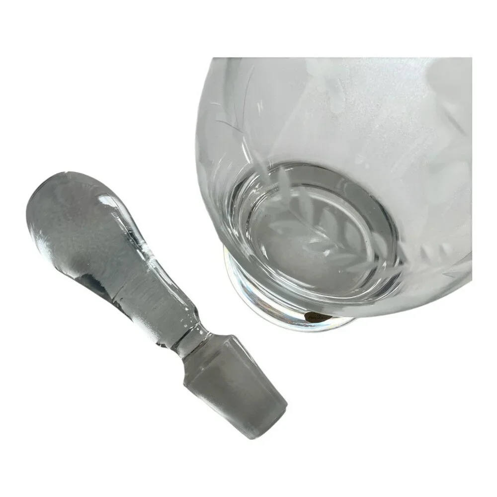 Vintage Polish Cut Crystal Glass Decanter with Stopper – Floral Etched – 14